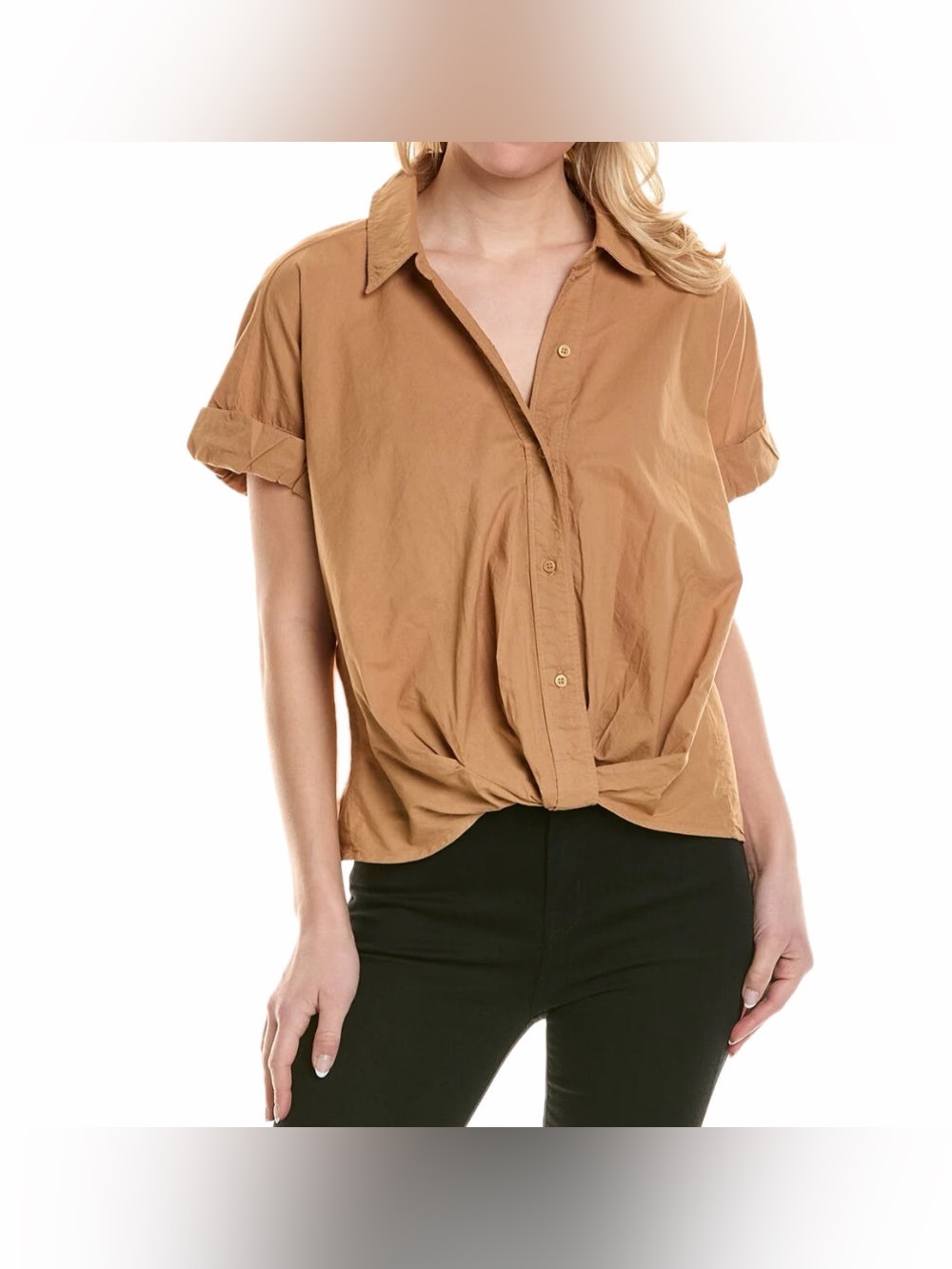 Stateside Voile Short Sleeve Front Twist Button Up Shirt - Almond Size Small